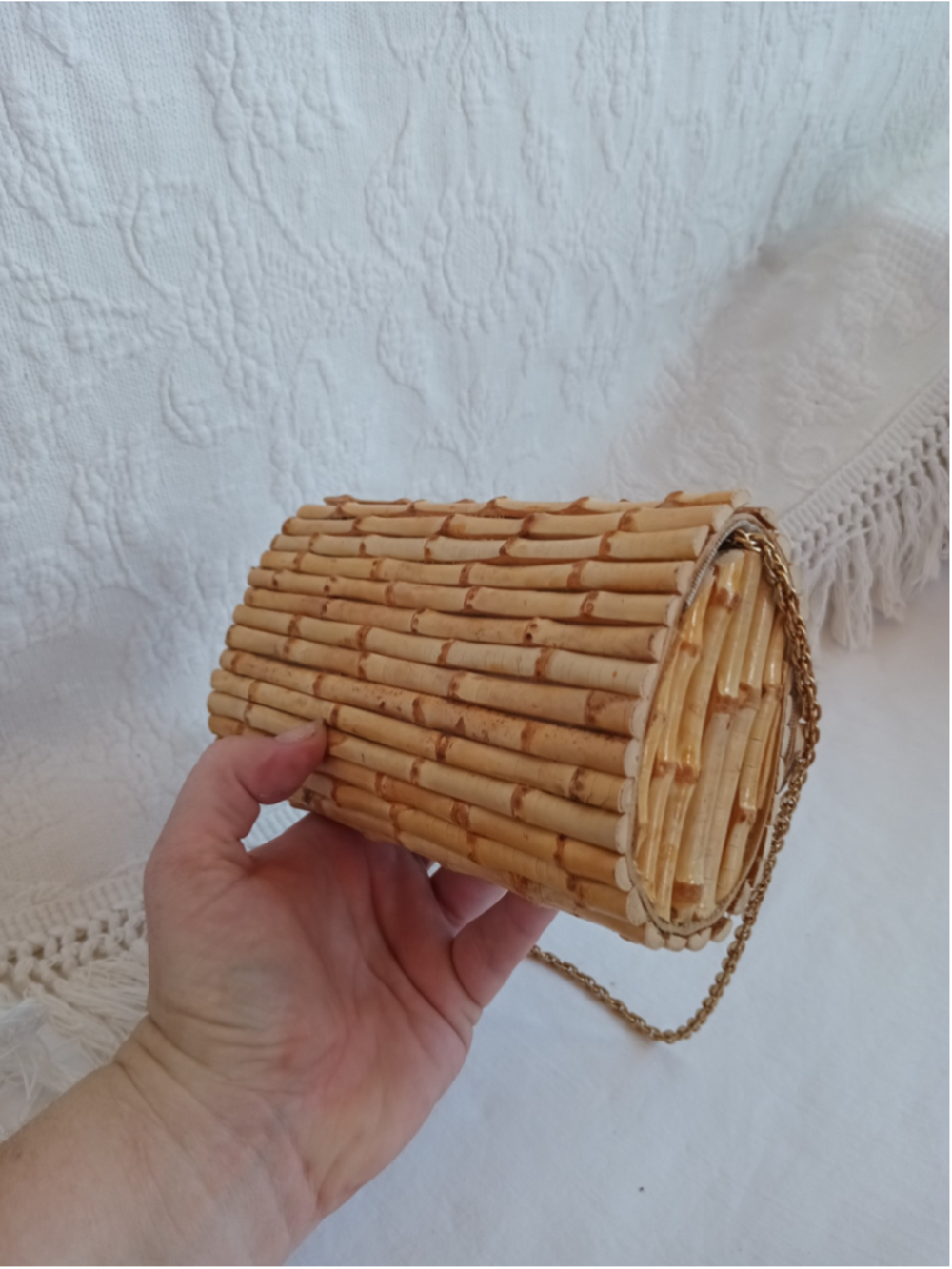 Ann Taylor Classic Bamboo Minaudière Clutch vintage 90s fun kitsch natural wood - Picture 7 of 11